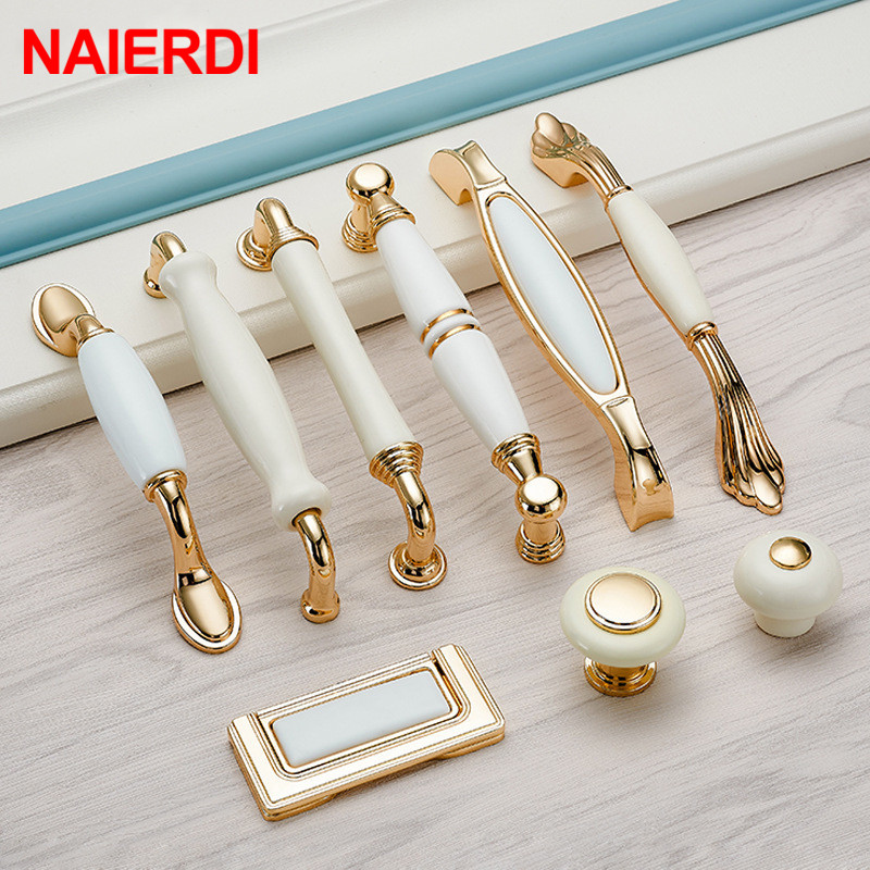 Drawer Pull Gold - NAIERDI-골드 화이트 세라믹 캐비닛 손잡이, 서랍